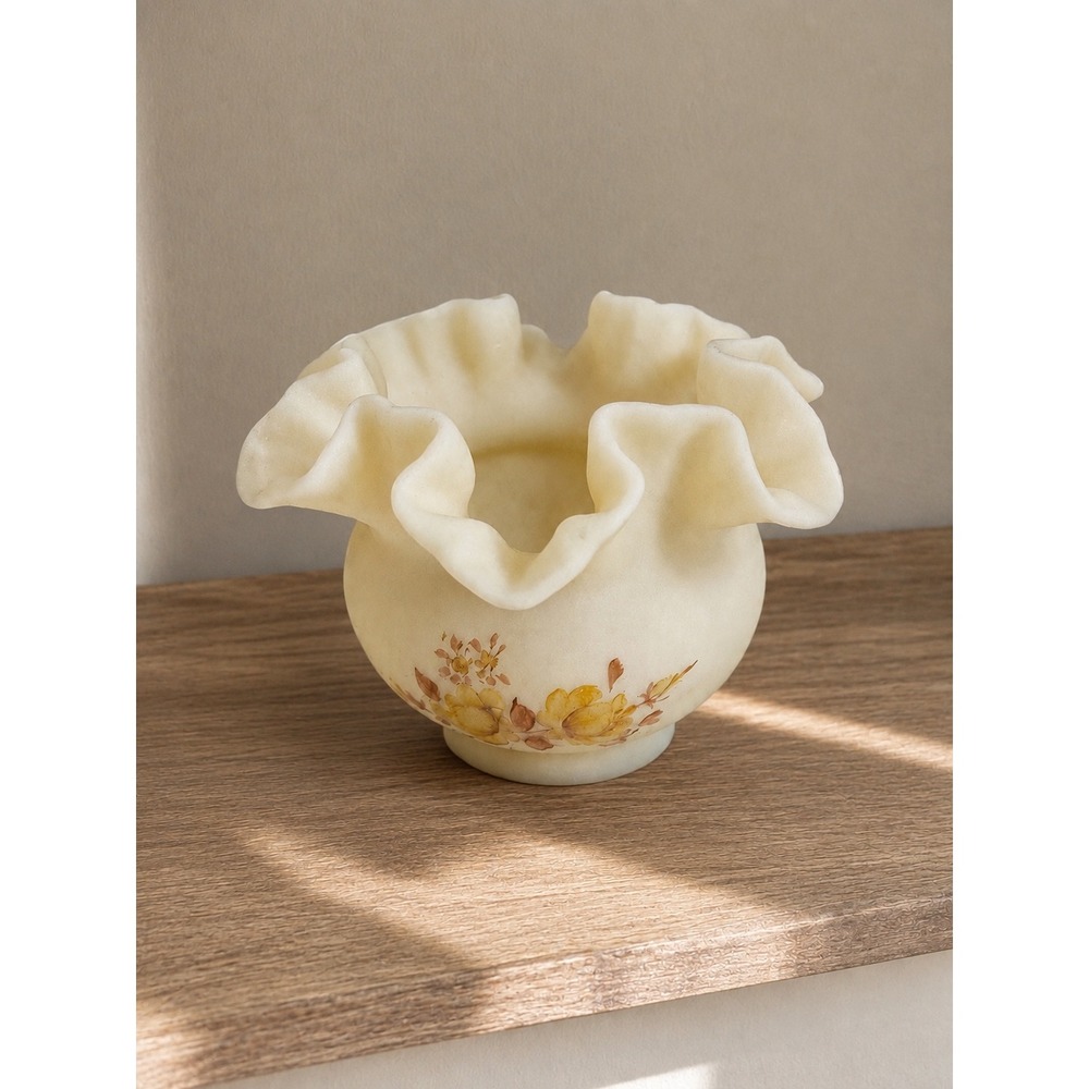 Vintage Fenton Custard Satin Glass Ruffled Rose Bowl Vase Hand Painted Signed